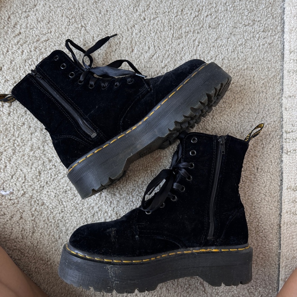 Dr. Martens Jadon Black Brushed Velvet Platform Ribbon Lace Zip